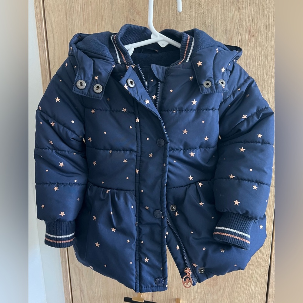 Metallic Star-Print Fleece-Lined Hooded Puffer Jacket